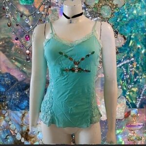 Y2K dating brand women's Sz L  blue  mesh and lace cami W/ Jewel Embellishments
